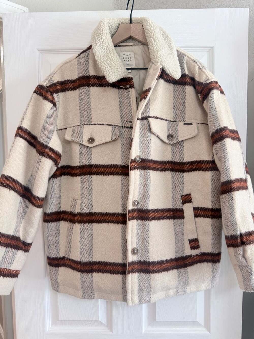 Billabong Women's Lucky Charm Plaid Faux Shearling Collar Jacket Size L